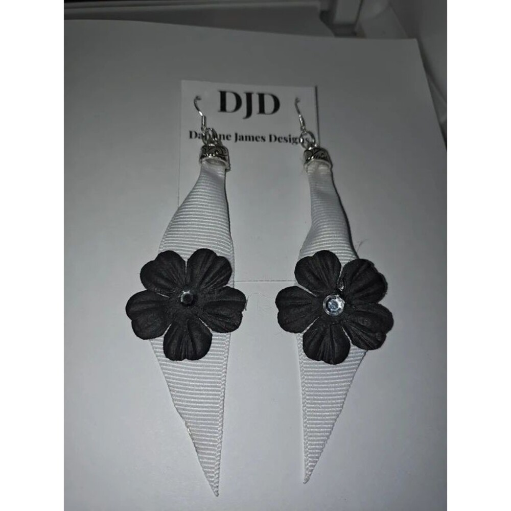 Handmade Black Floral Velvet Ribbon Earrings | Dangle Drop Earrings